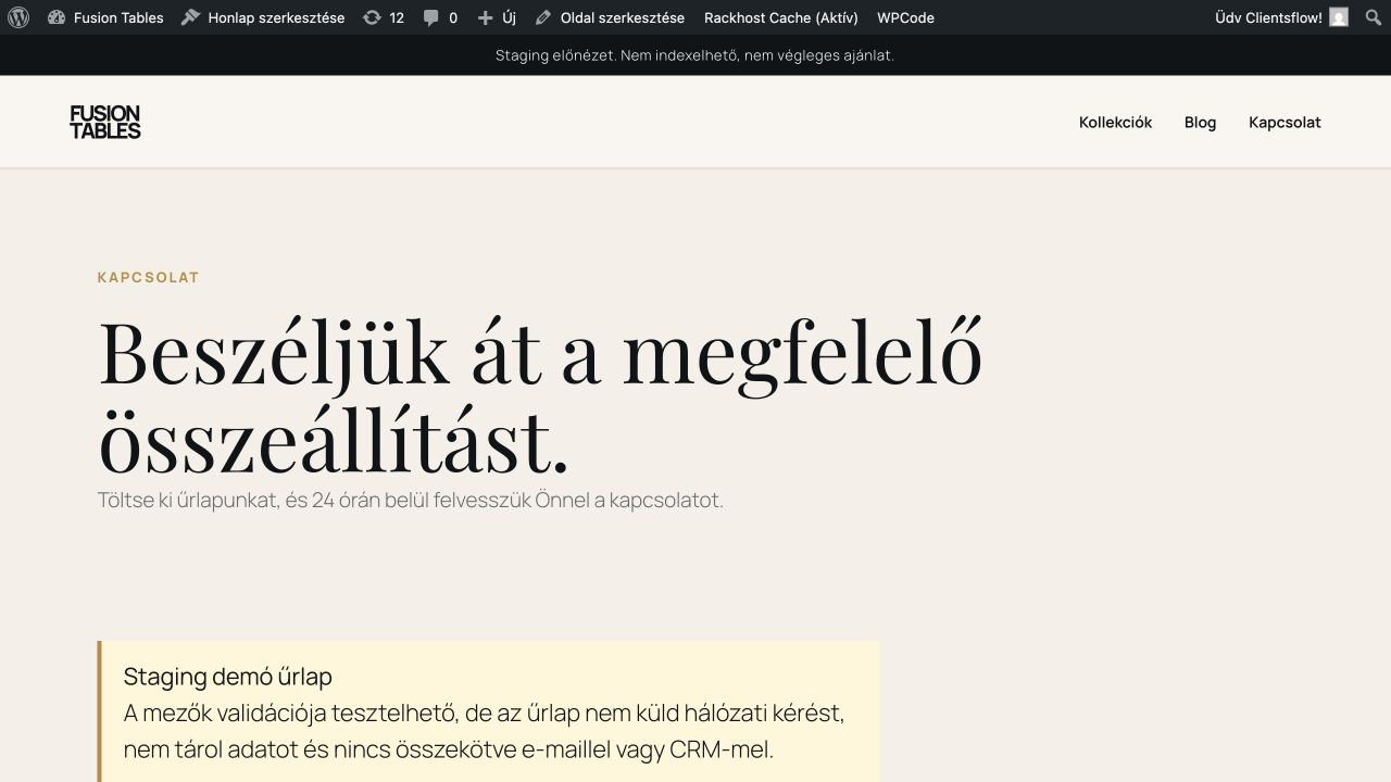 Az új staging kapcsolat oldal helye
